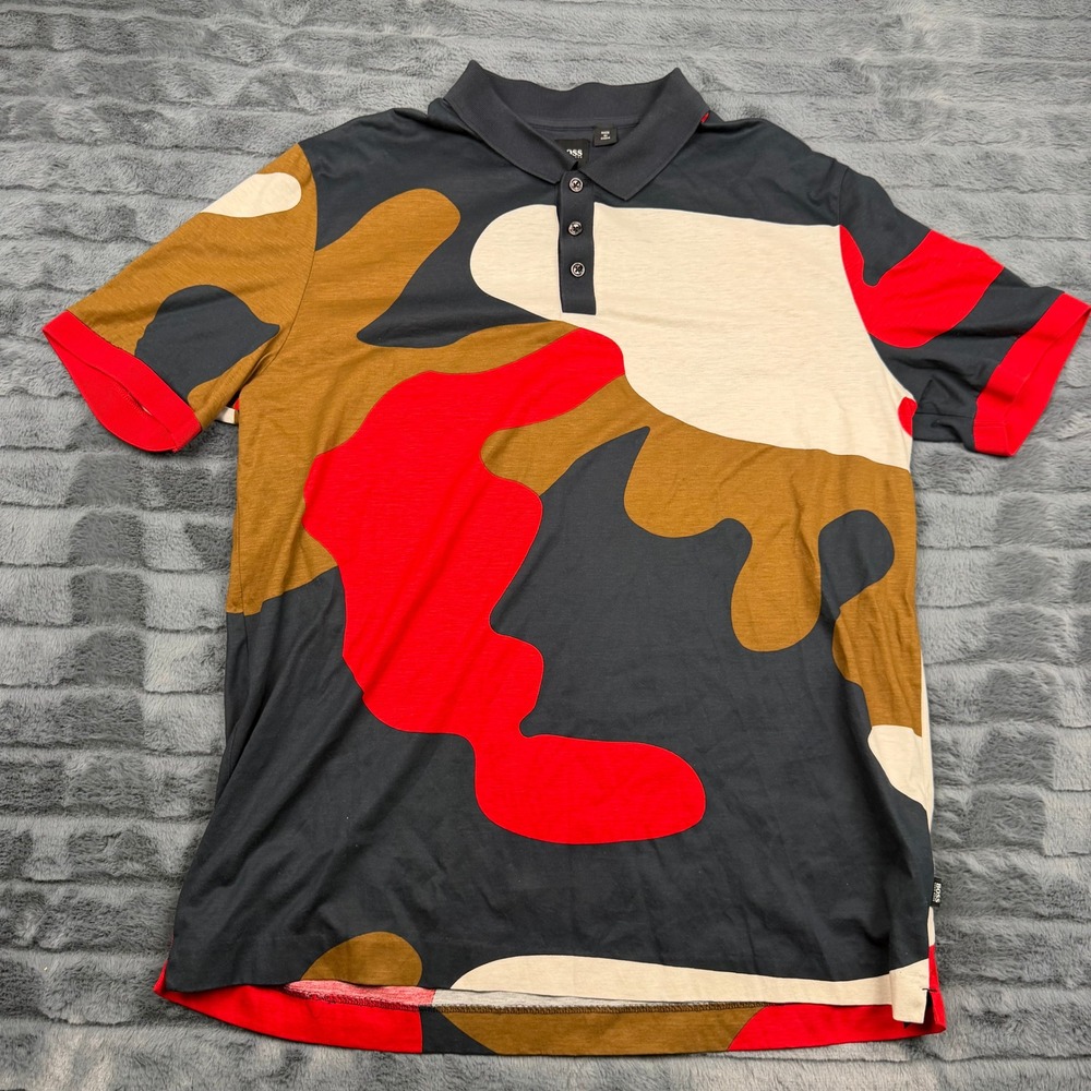 Hugo Boss Mens XXL Mercerized Cotton Abstract Camo Polo Shirt Red Navy 11907